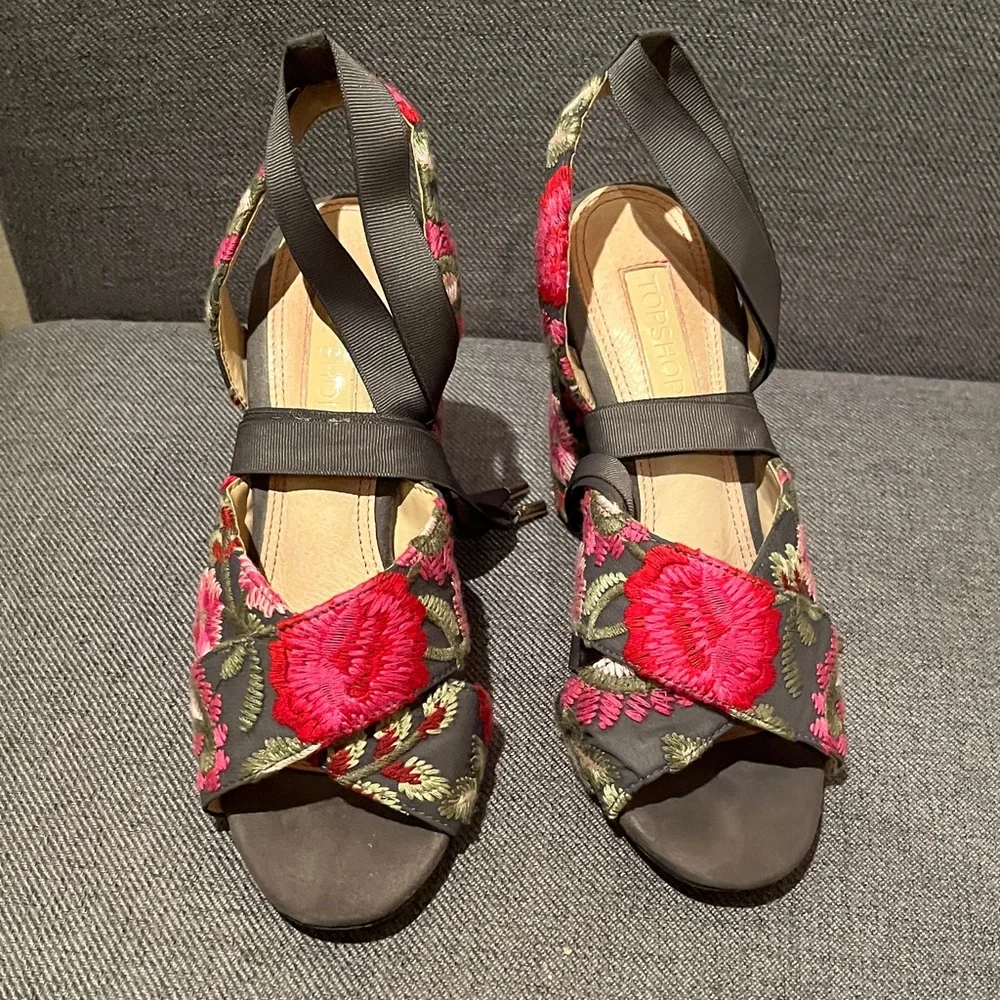 Topshop | Floral Embroidered Floral Women's Heels Pink Gray Tie Up Size 36 - Picture 5 of 8